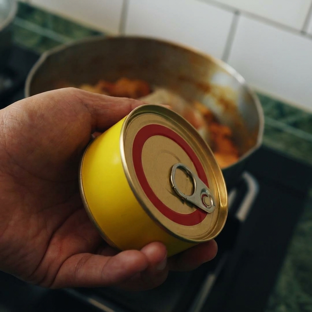 Tuna being added from a can into a bubbling pot of curry and chopped cabbage.