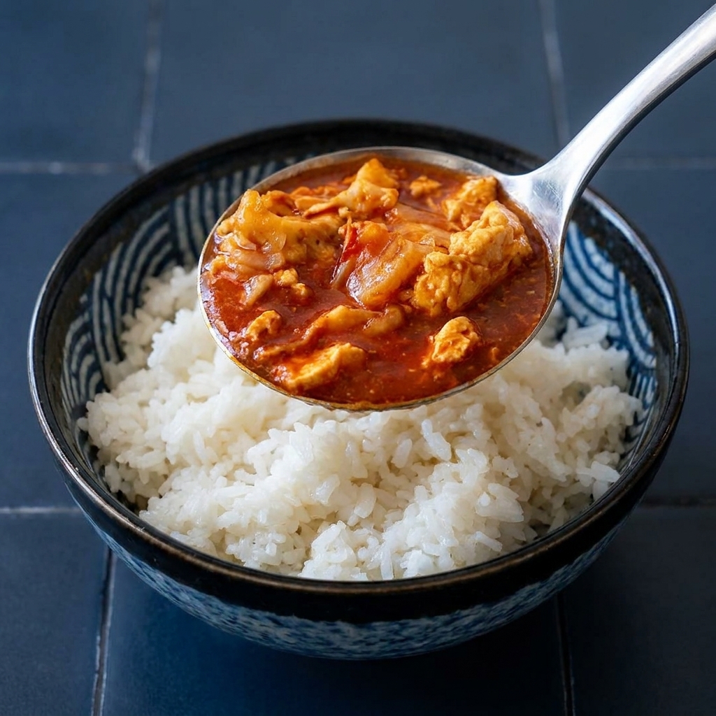 A ladle scooping rich curry and tuna mixture over a bowl of steaming white rice.