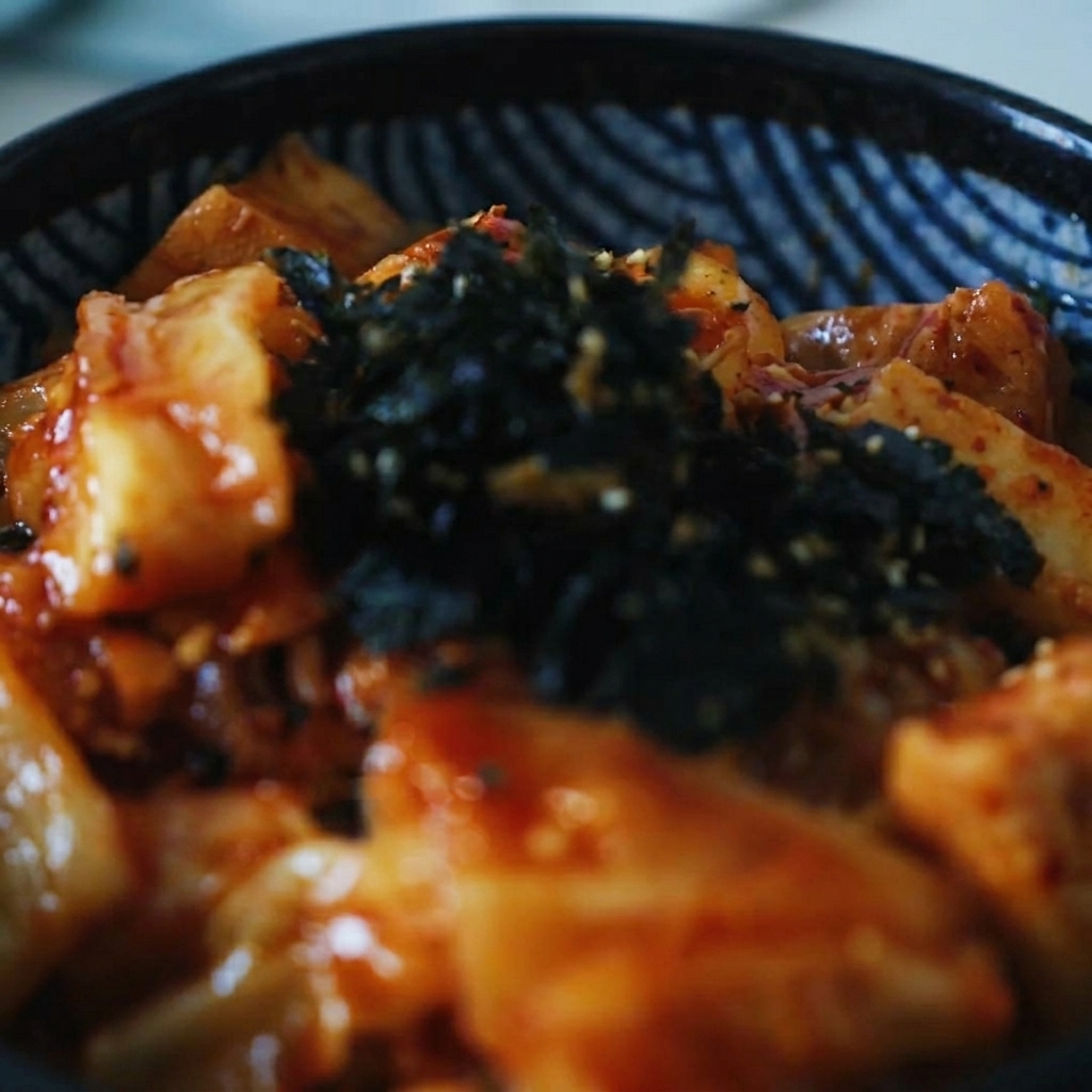 A close-up of a curry rice bowl being topped with a sprinkle of crushed seaweed and sesame seeds.