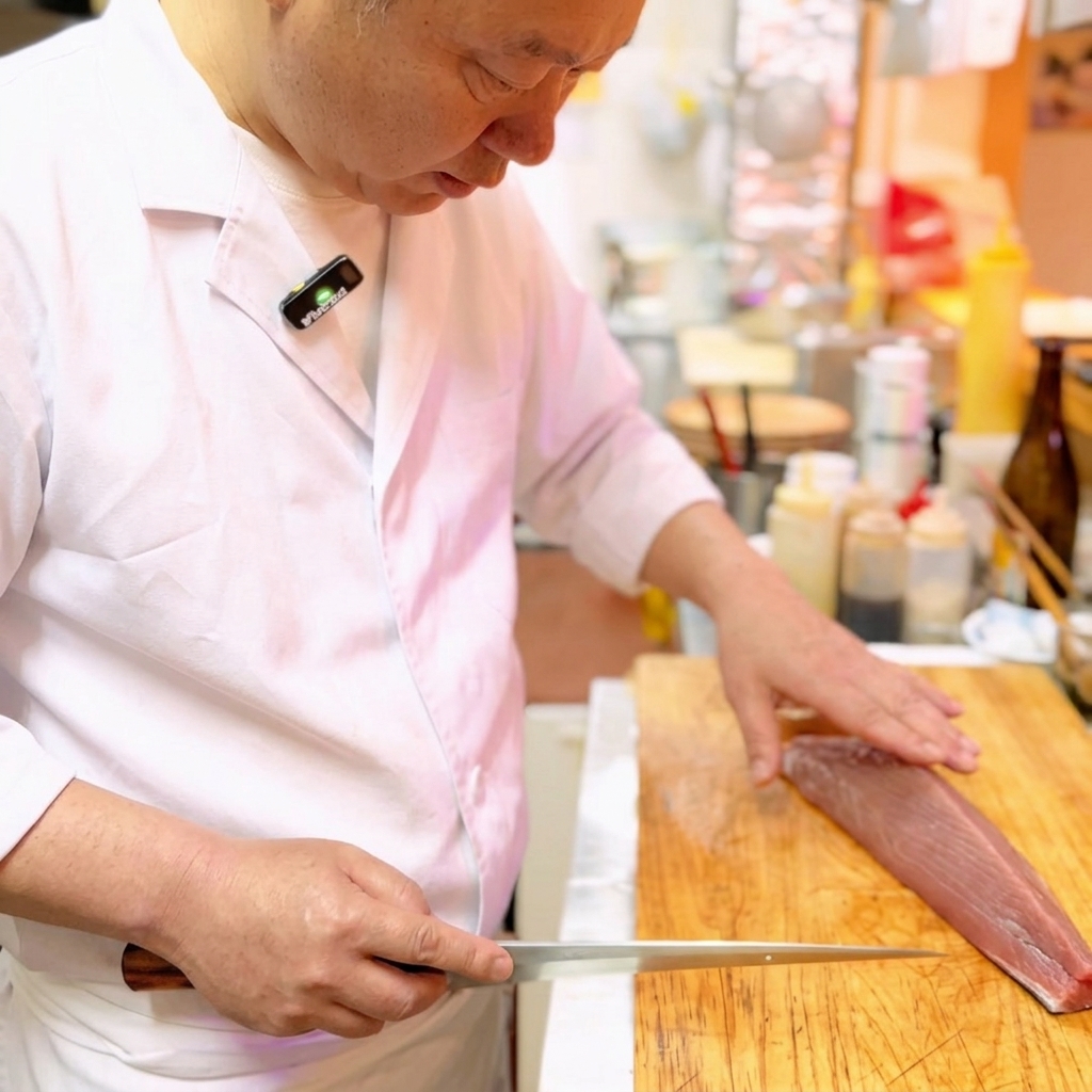 Close-up of a sharp sushi knife slicing through a fresh block of deep red tuna on a wooden board.