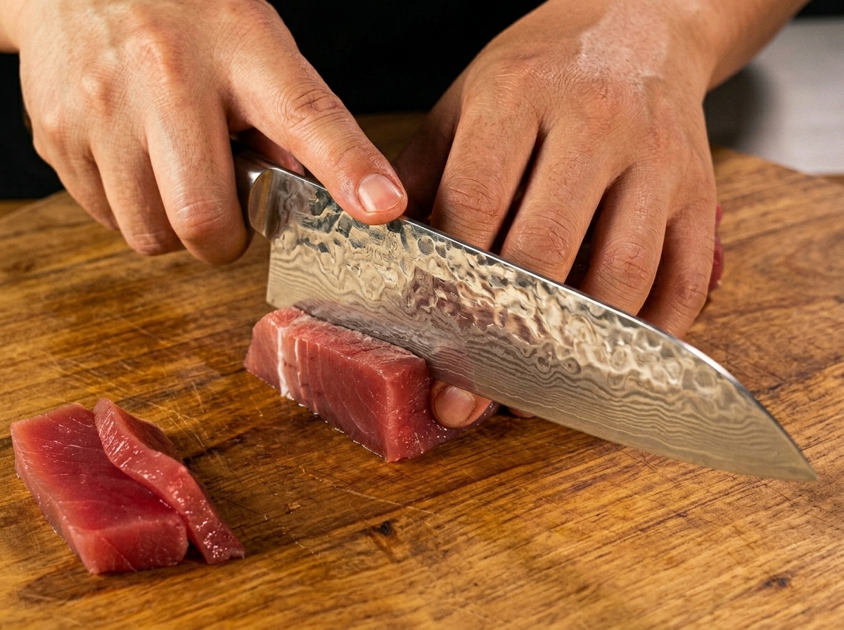 Thick slices of raw tuna being cut with a sharp kitchen knife on a wooden board.