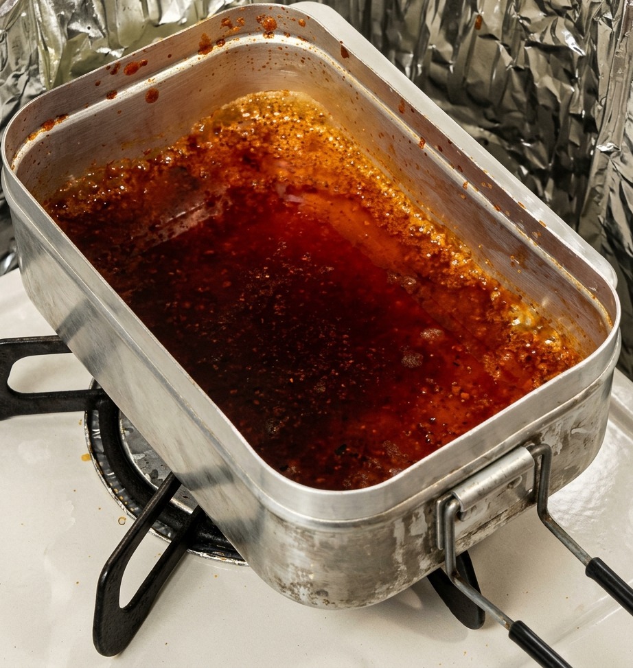 A dark, aromatic marinade boiling in a metal tray over a gas flame.