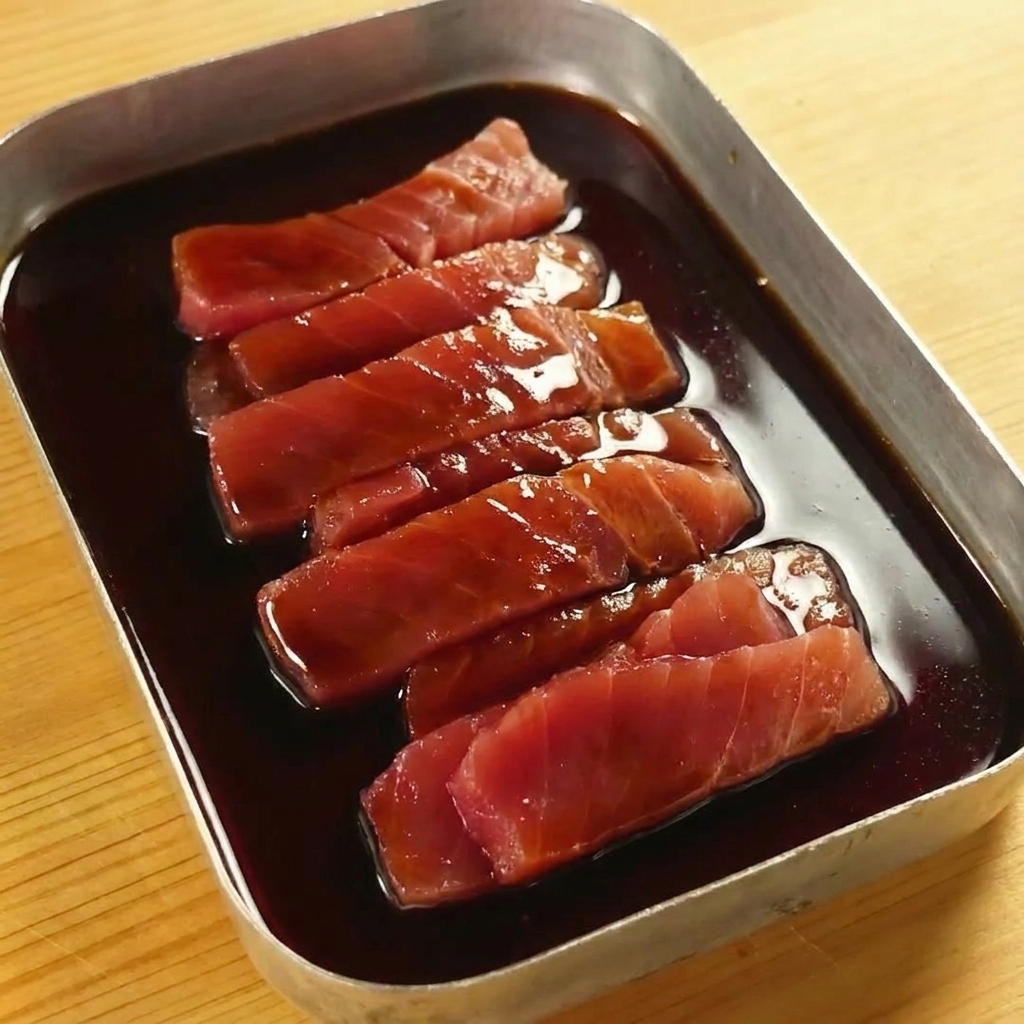 Dark marinade being poured over raw tuna slices in a metal tray.