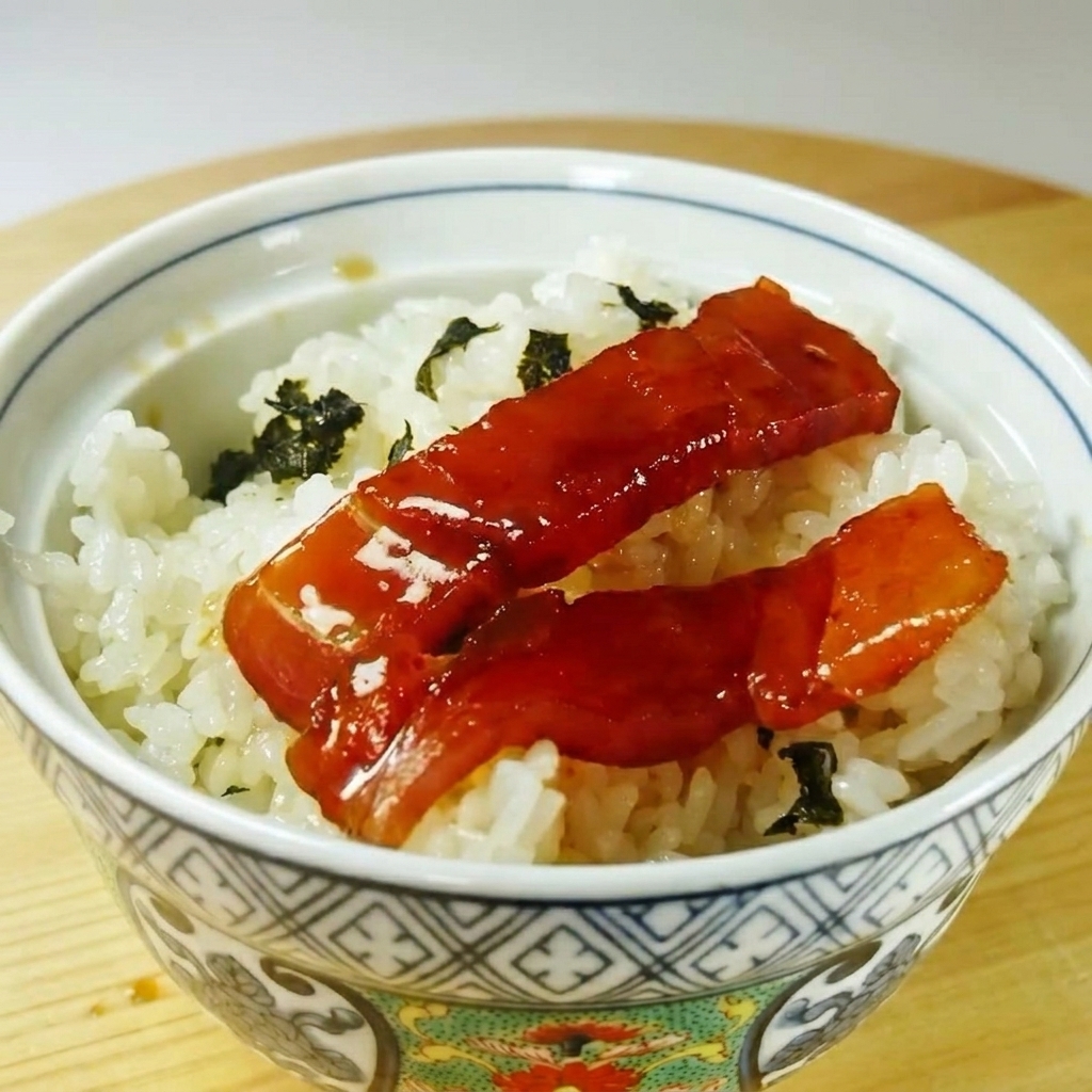 Slices of glistening, dark red marinated tuna being neatly arranged on top of a bed of white rice sprinkled with shredded seaweed.