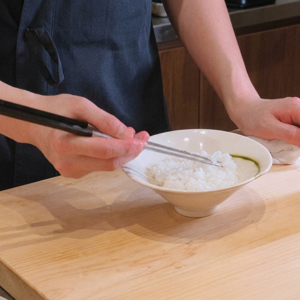 Hands using chopsticks to gently spread and flatten steamed white rice evenly in a white ceramic bowl.