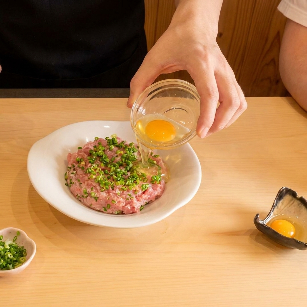 A raw egg yolk being carefully poured from a small glass bowl onto the center of a rice bowl topped with minced tuna and green onions.