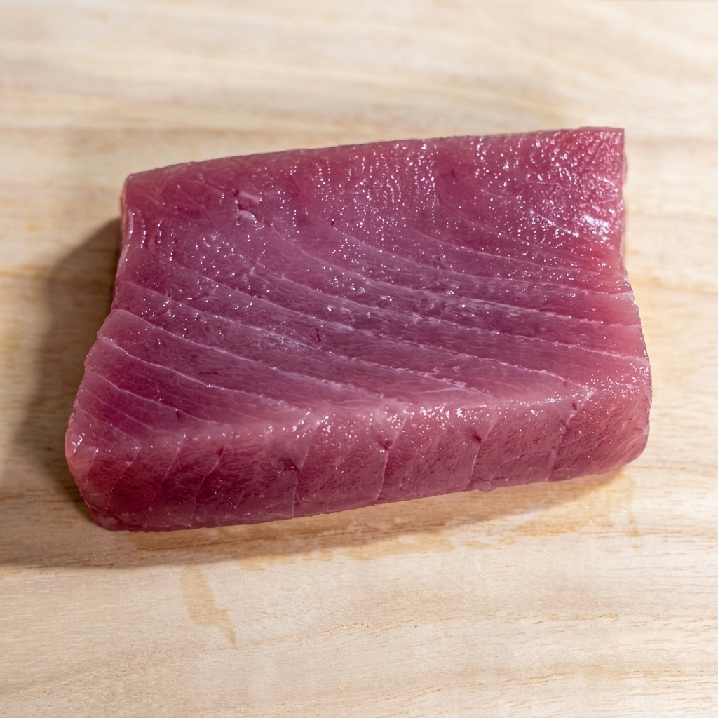 A high-quality raw tuna fillet being cut into small, bite-sized cubes.