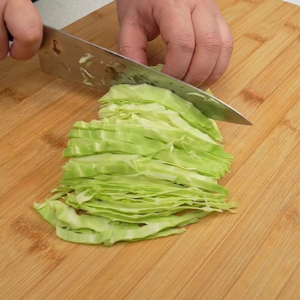 Freshly shredded green cabbage strips on a cutting board.