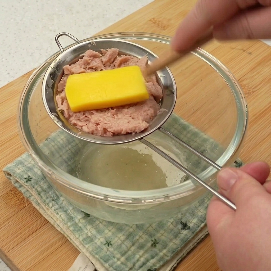 Canned tuna pieces in a metal strainer with a spatula pressing out the excess oil into a glass bowl.