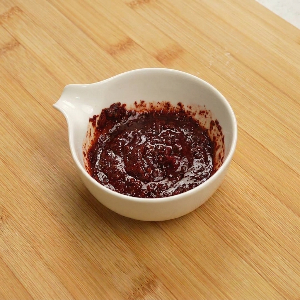 A rich, deep red sauce mixture in a white bowl, being combined with a small yellow spatula.