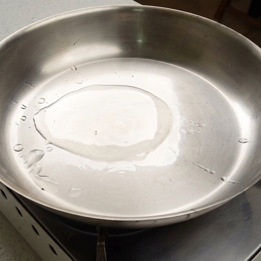 A thin layer of cooking oil shimmering in a heated, empty stainless steel skillet.