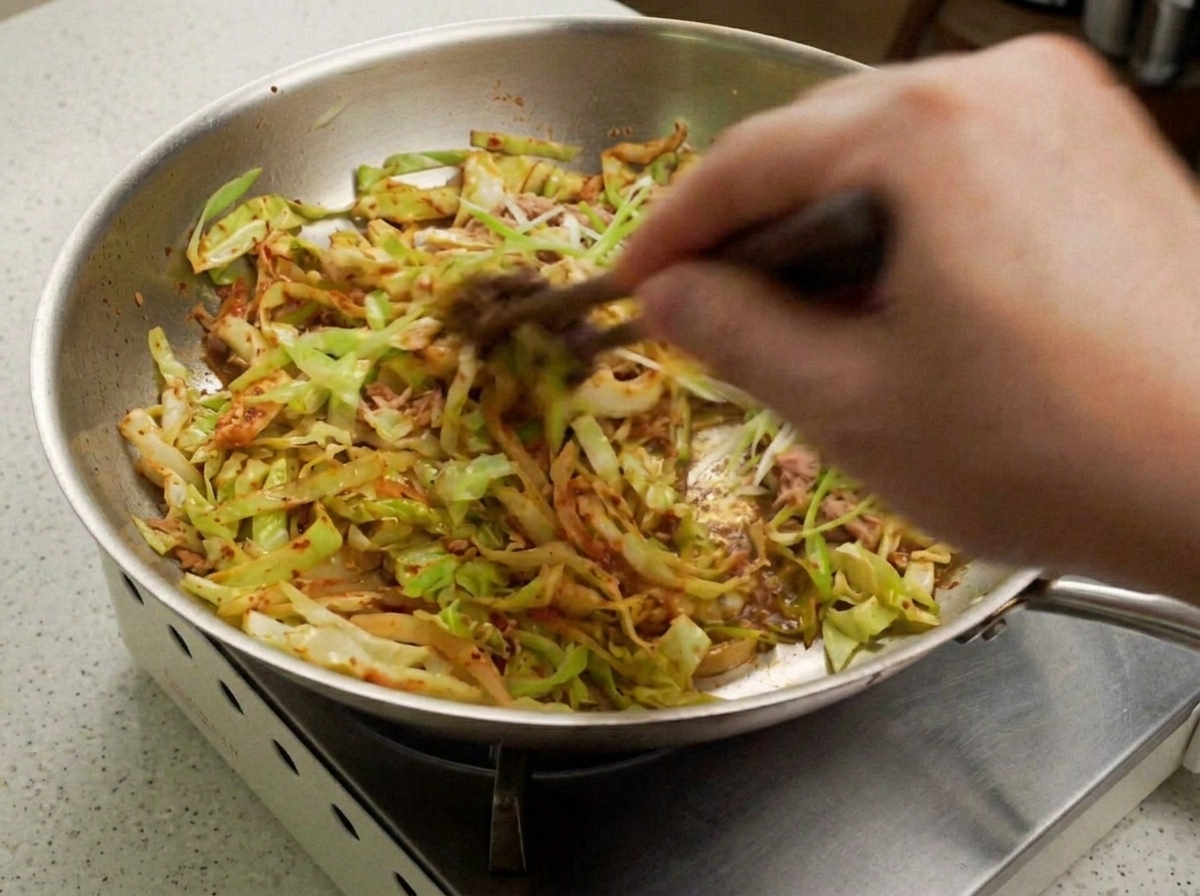 A mixture of shredded cabbage and sauce being stirred in a pan with a small amount of water added.