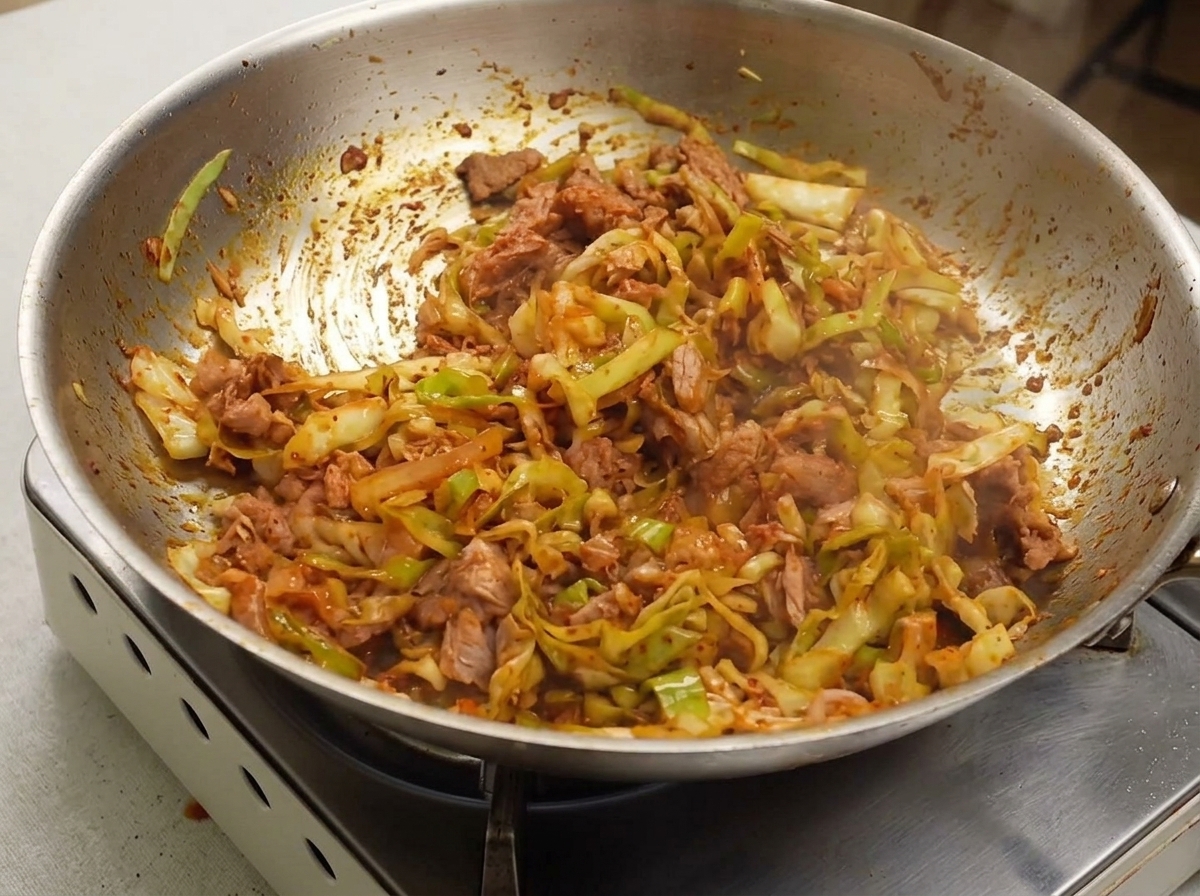 A vibrant red stir-fry of cabbage, tuna, and green onions thoroughly mixed in a stainless steel pan.