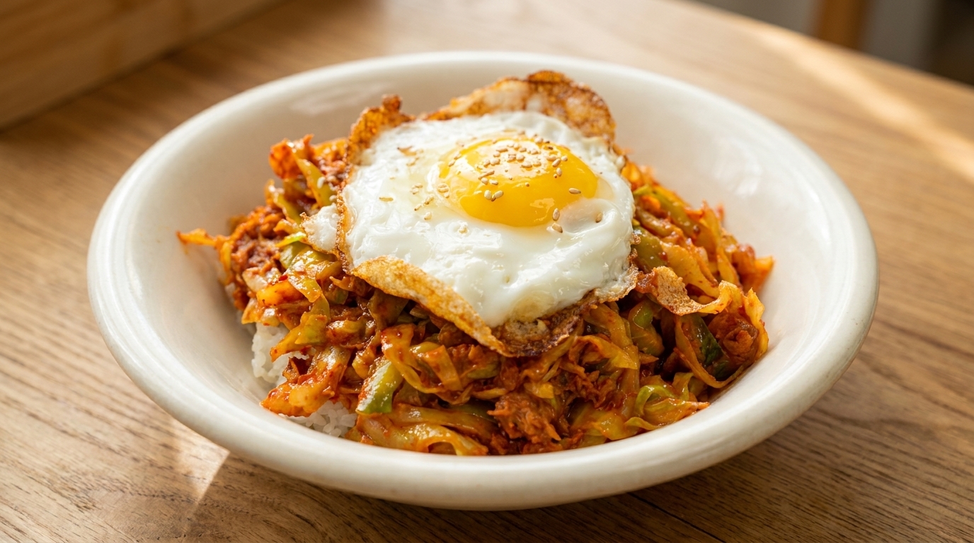 A warm bowl of white rice topped with spicy stir-fried cabbage, savory tuna, and a sunny-side-up egg.