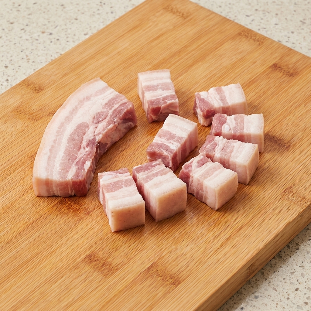 Blanched pork belly sliced into bite-sized cubes arranged on a wooden cutting board.