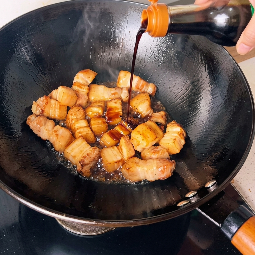 Dark soy sauce being poured from a bottle onto browned pork belly cubes in a wok.