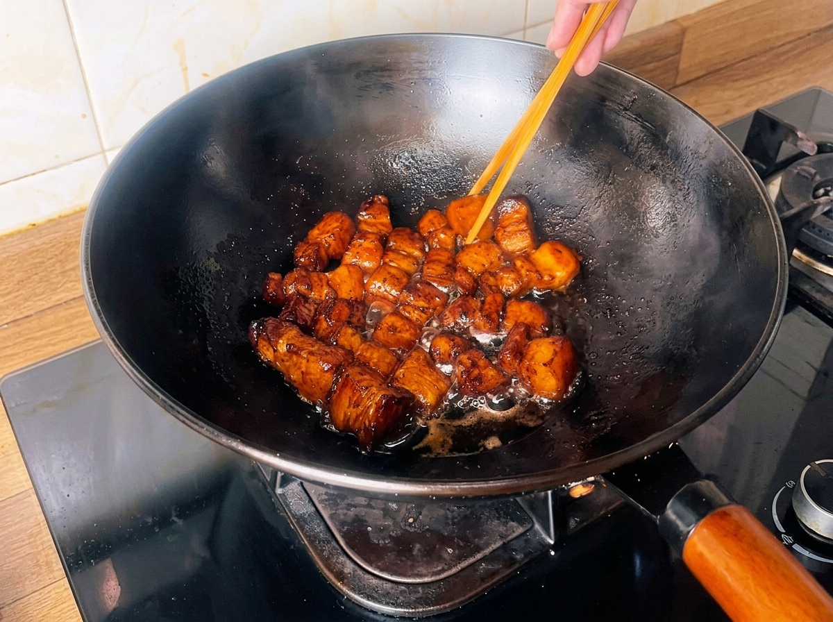 Golden brown pork belly cubes simmering in a wok with a thickened, dark soy and tea sauce, being stirred with chopsticks.