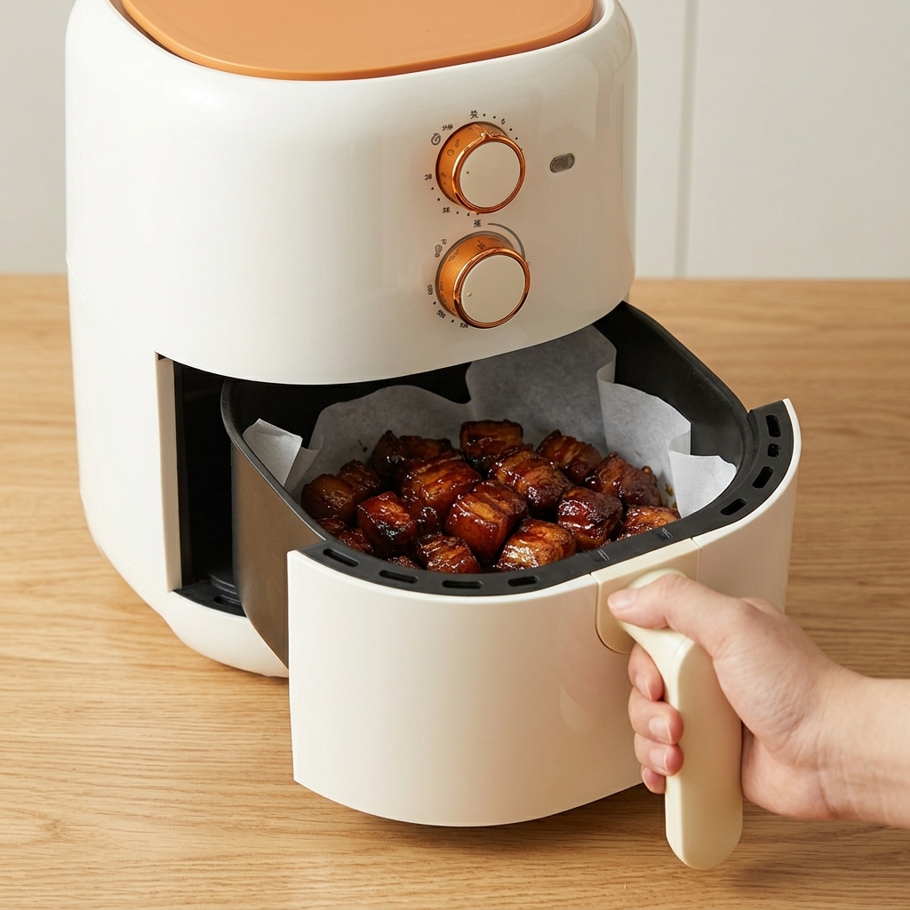 A hand pushing the basket of a white air fryer closed, containing dark, braised pork cubes resting on parchment paper.