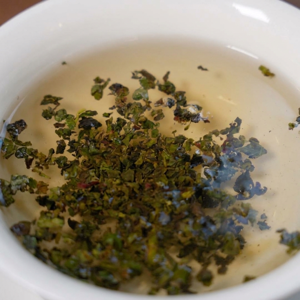 Green Tieguanyin tea leaves expanding and steeping in a white bowl filled with hot water.