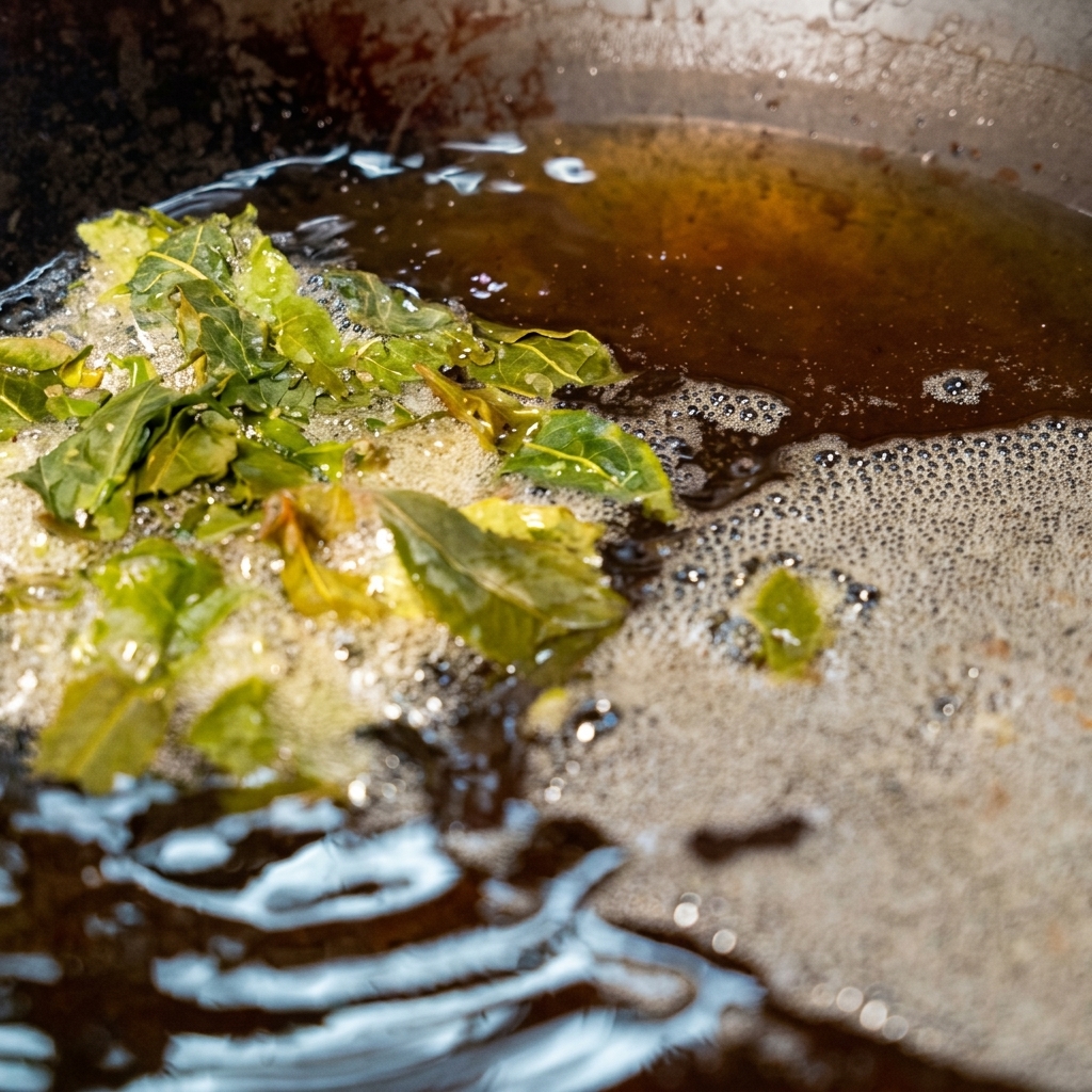 Green tea leaves bubbling and frying in a wok filled with hot oil.