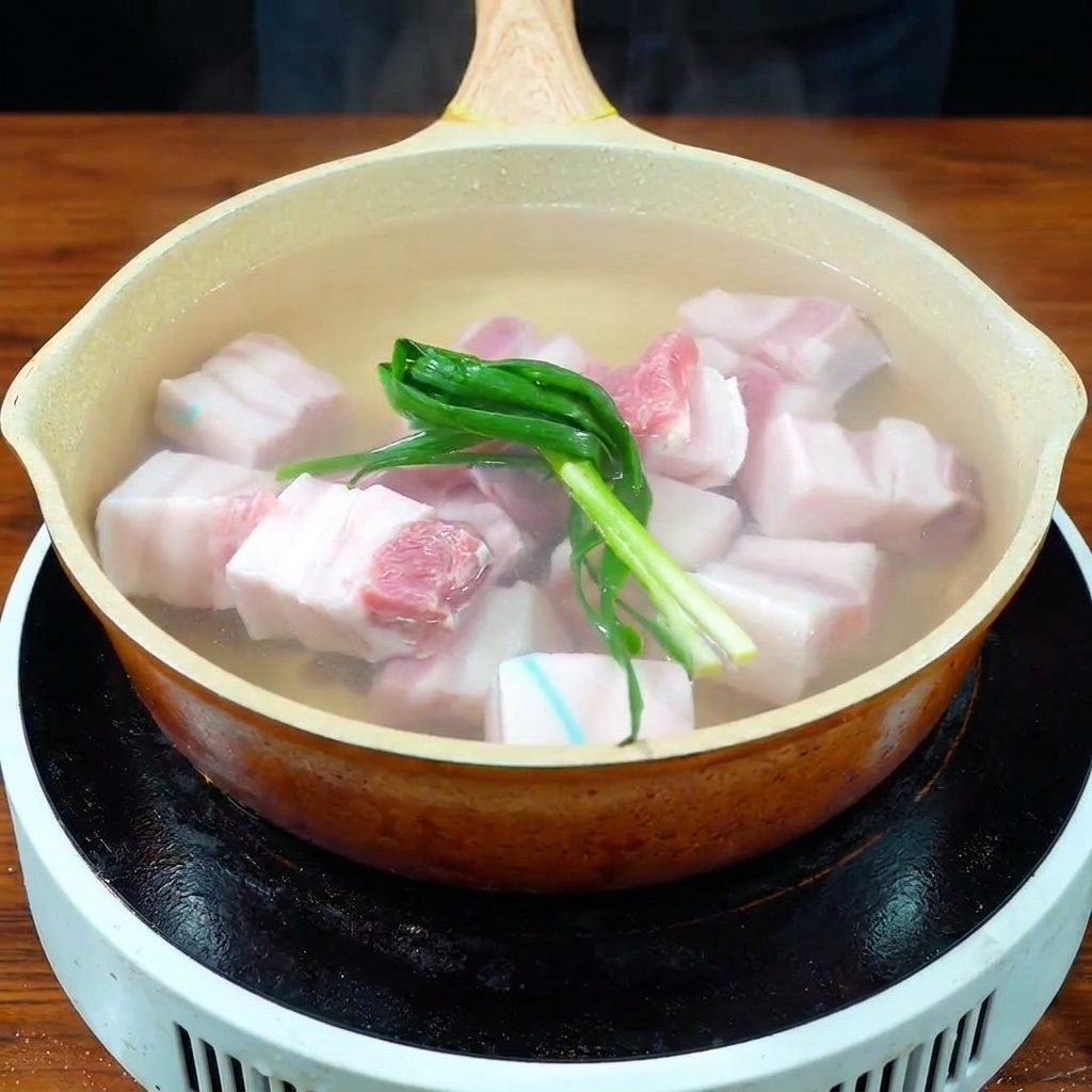 Pork belly cubes simmering in a pan of water with green onions and ginger.