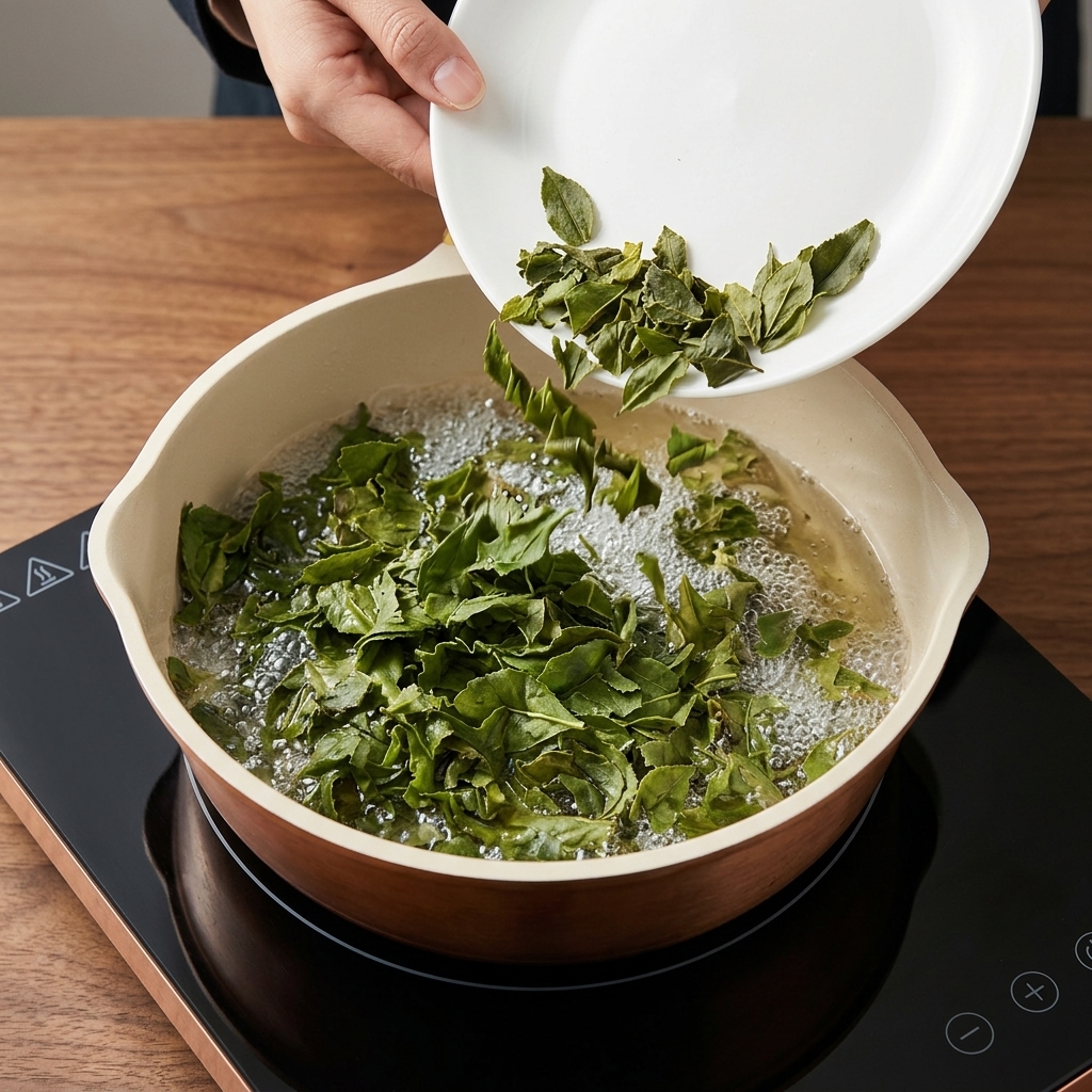 Adding soaked tea leaves from a white plate into a pan of bubbling hot oil.