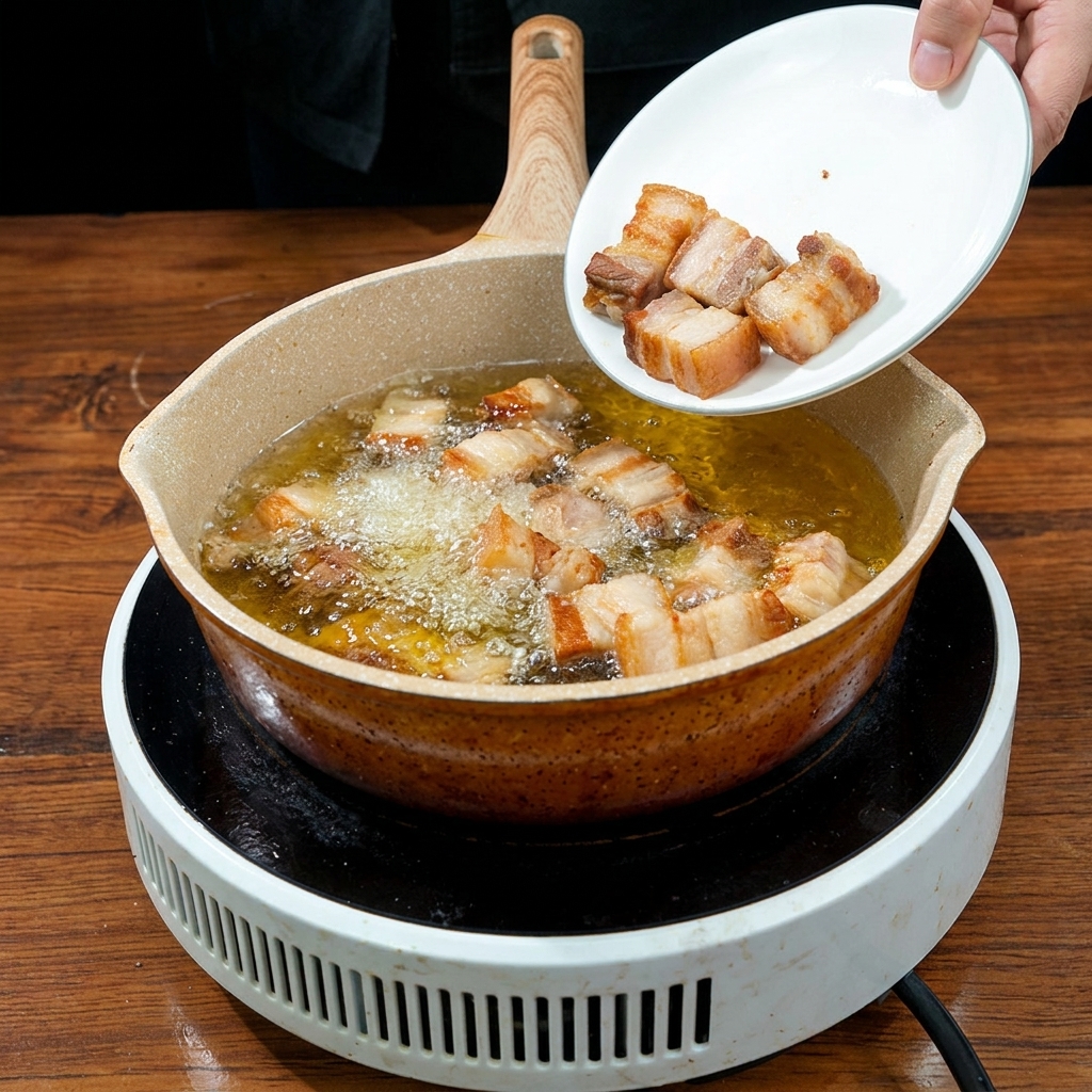 Hand pouring parboiled pork belly cubes from a white plate into a pan with hot cooking oil.