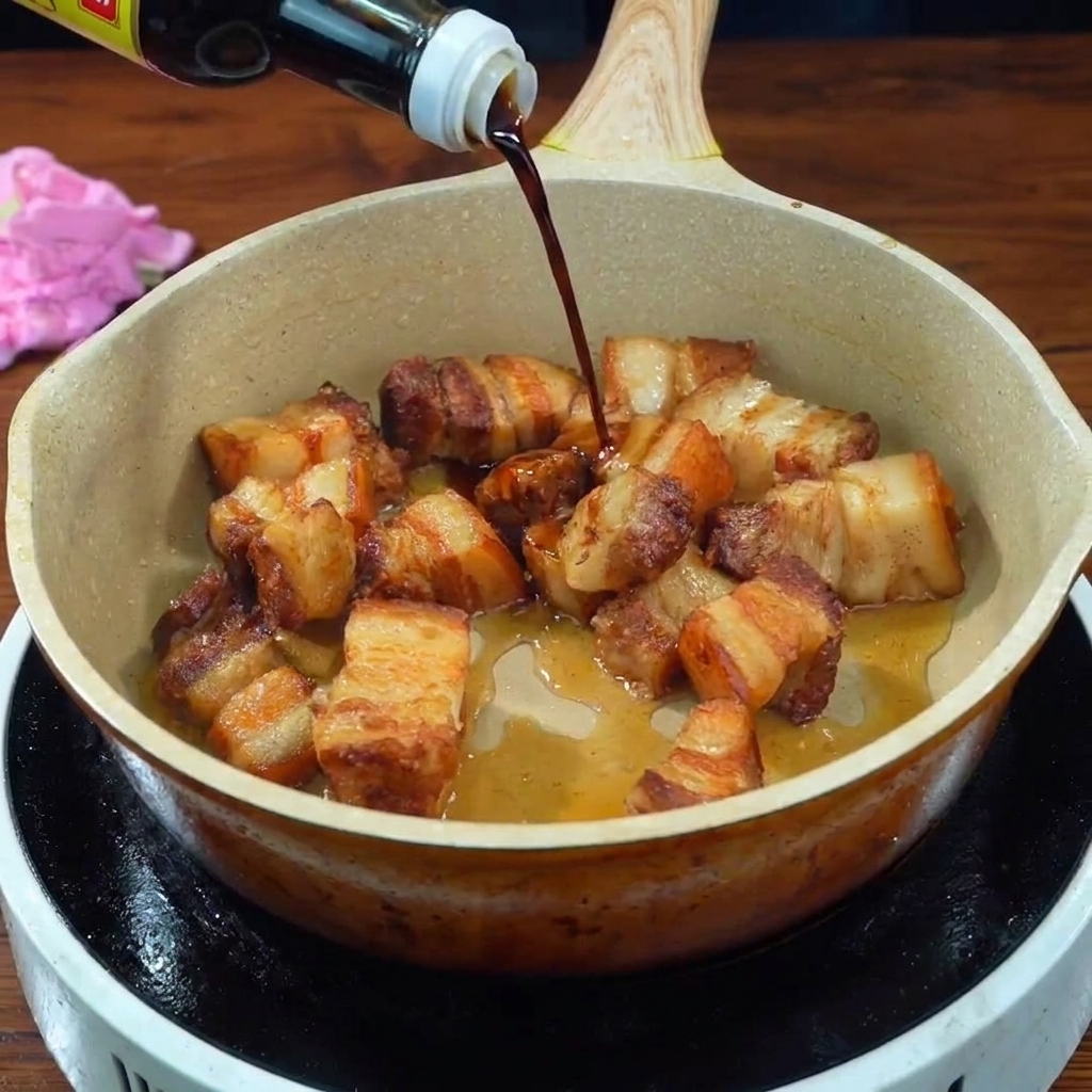 Pouring dark soy sauce from a bottle into a pan of golden fried pork belly cubes.