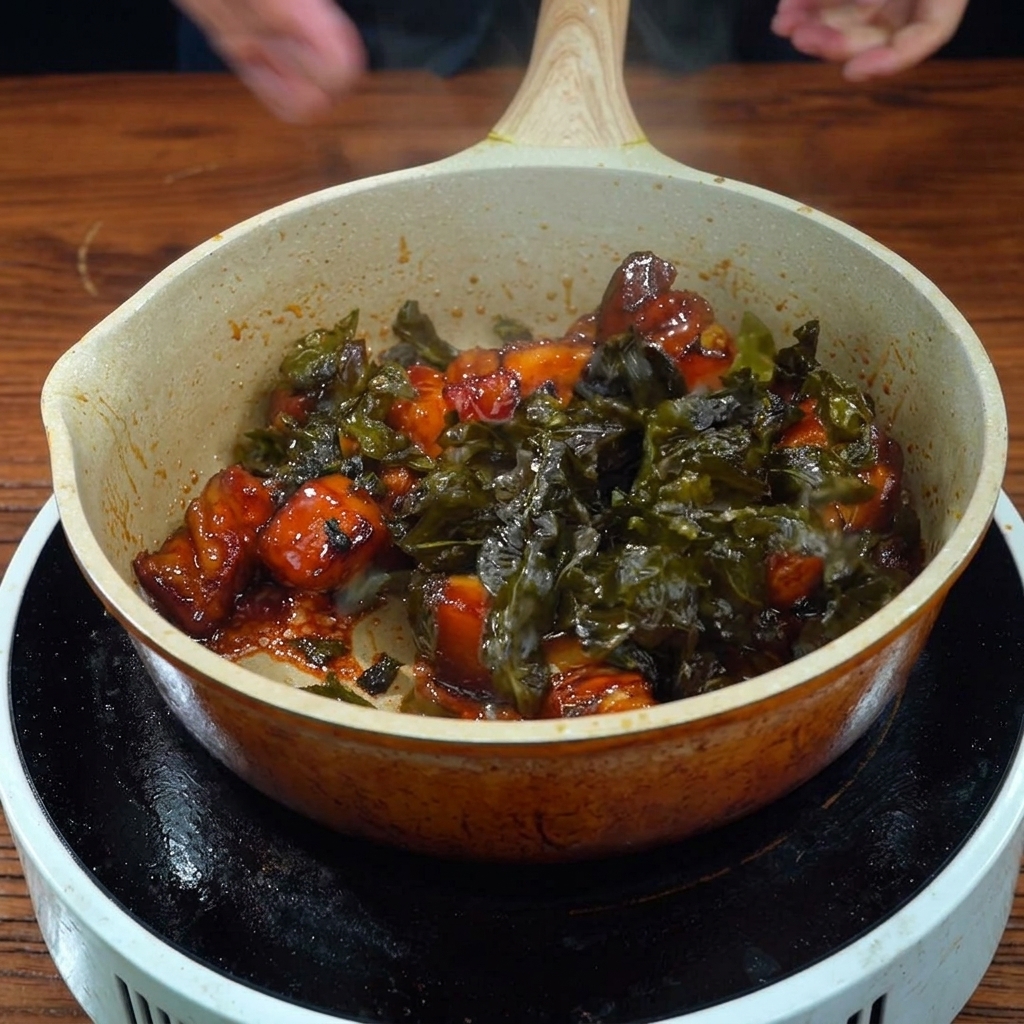 A close-up of pork belly cubes in a pan being coated with a thick, glossy sauce, mixed with dark fried tea leaves.