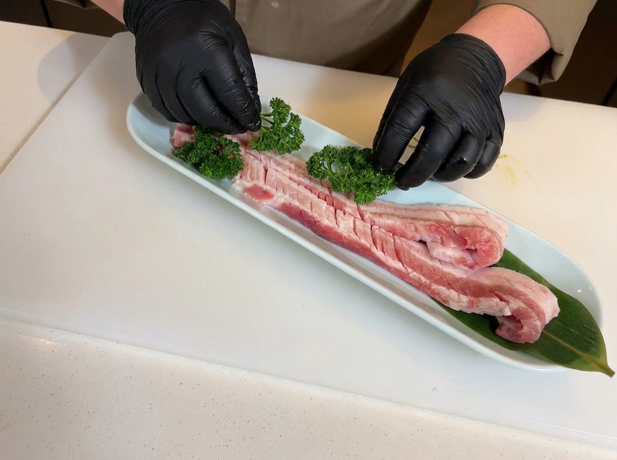 Hands in black gloves placing fresh parsley sprigs onto the scored raw pork belly situated on a white tray lined with bamboo leaves.