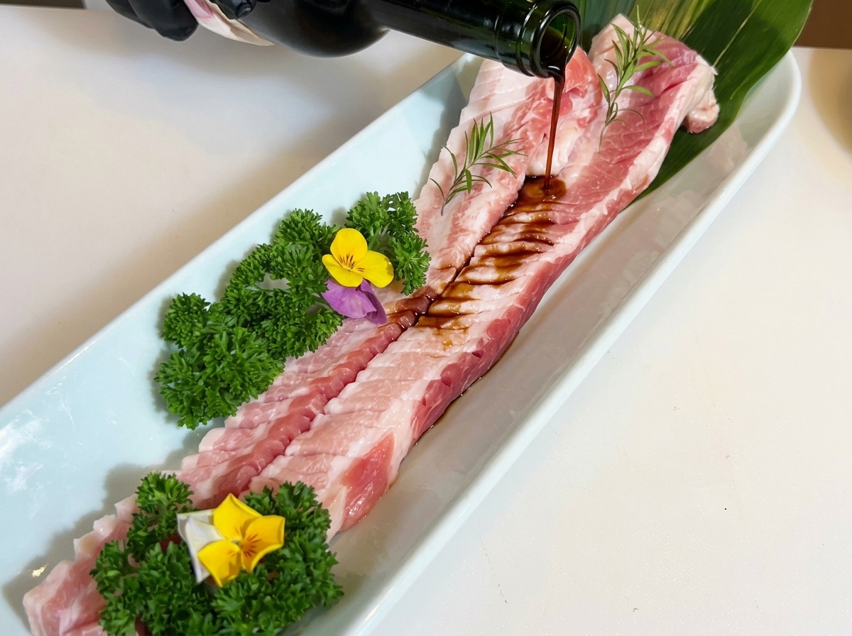 Red wine being poured from a dark green bottle over a beautifully garnished, scored raw pork belly on a white serving tray.