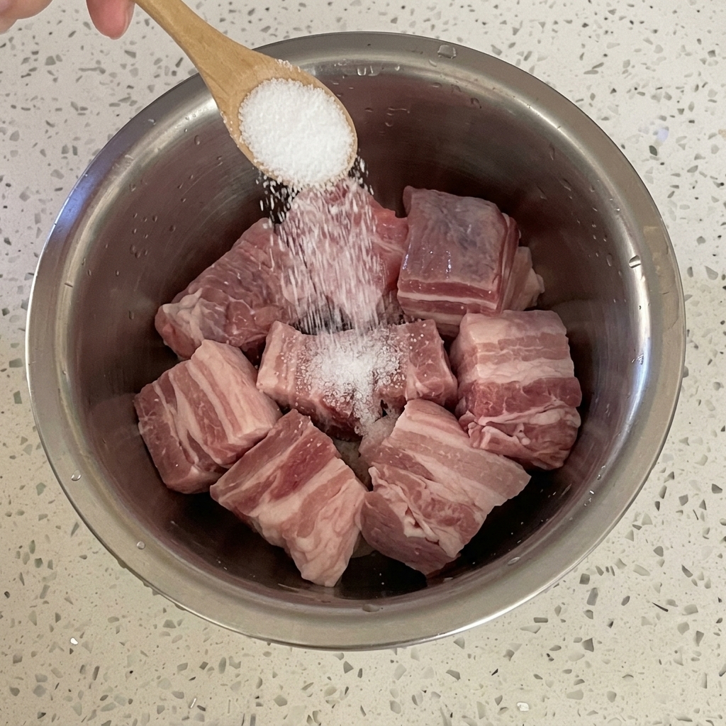 A wooden spoon sprinkling white salt over raw pork belly cubes in a metal bowl.