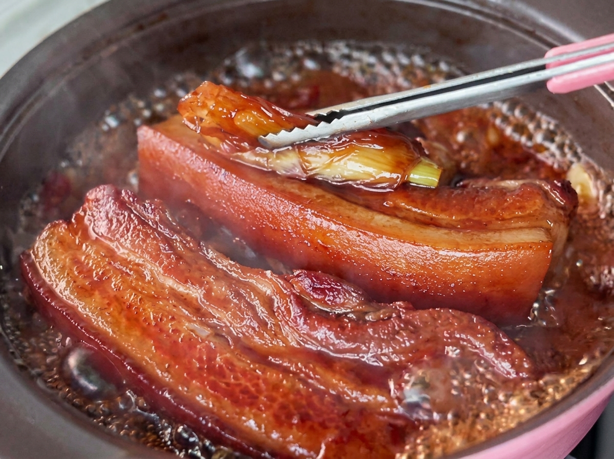 Tongs lifting a piece of softened green onion out of a bubbling, dark braising sauce next to seared pork belly.