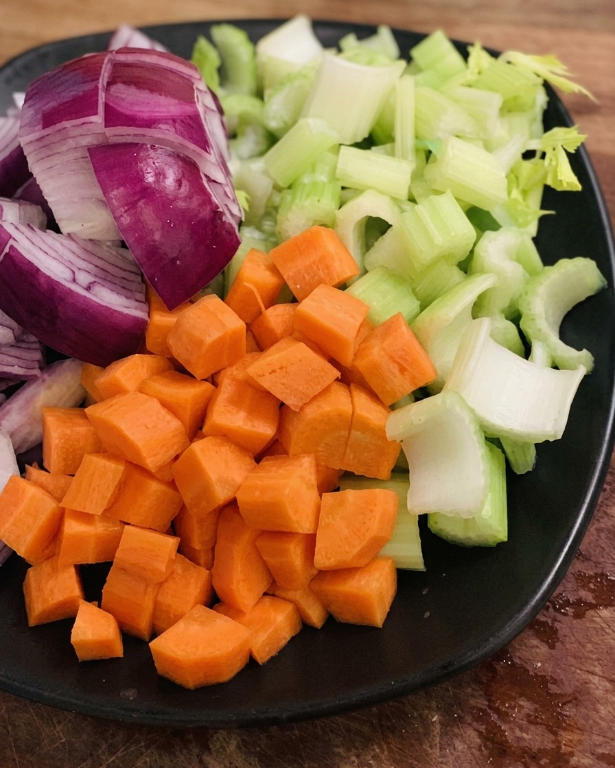 Finely diced carrots, celery, leeks, and red onions arranged on a black plate.