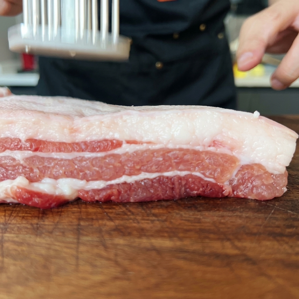 Close-up of raw pork belly skin being scored with a meat tenderizer tool.
