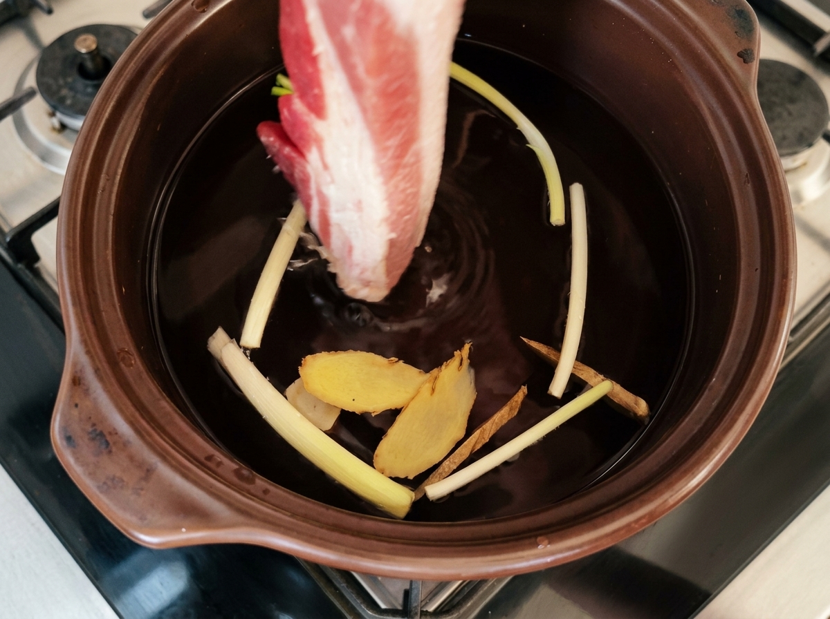 Pork belly submerged in a pot of dark liquid with aromatics.