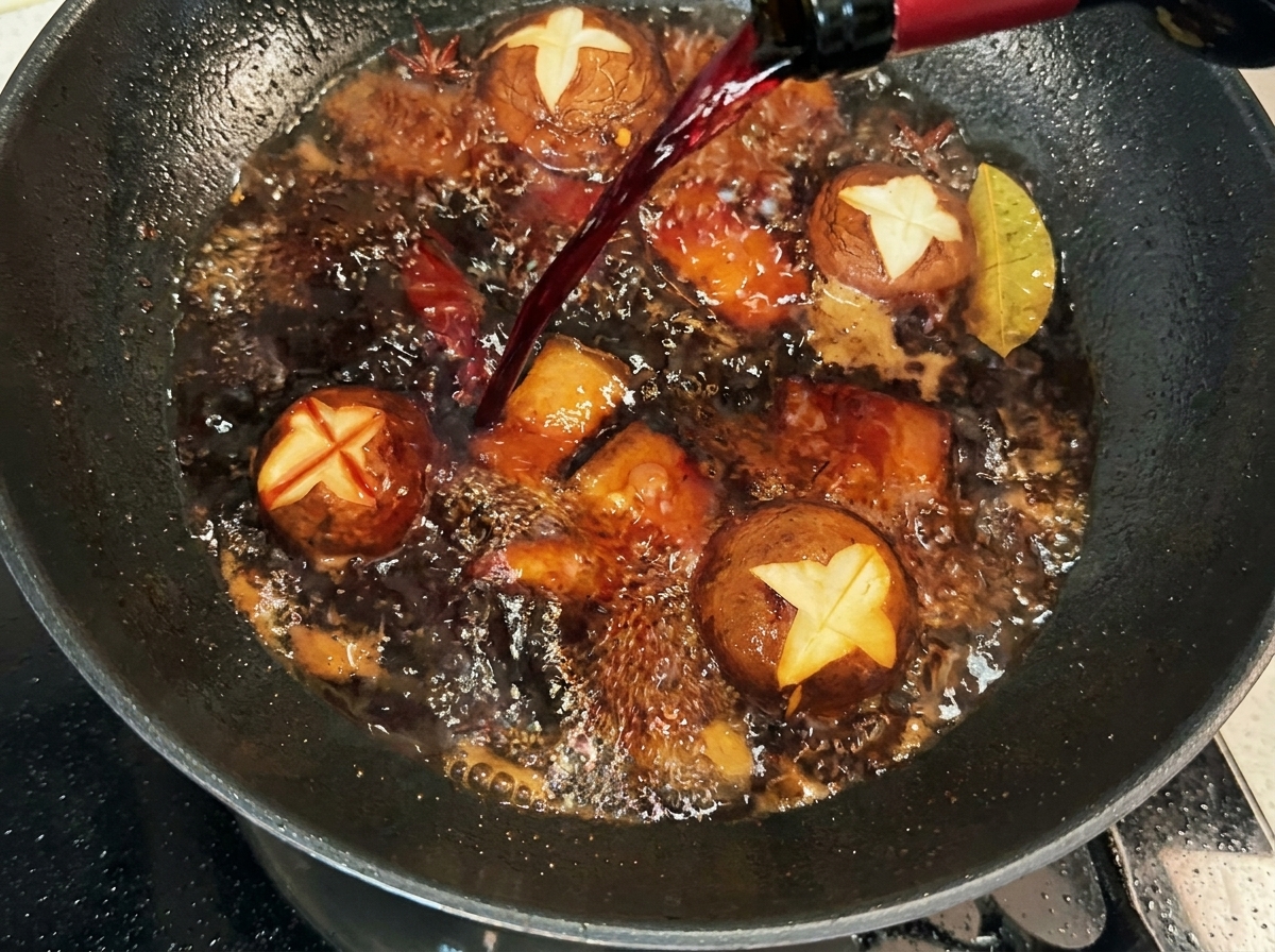 Red wine being poured into a wok containing seared pork belly, mushrooms, and spices.