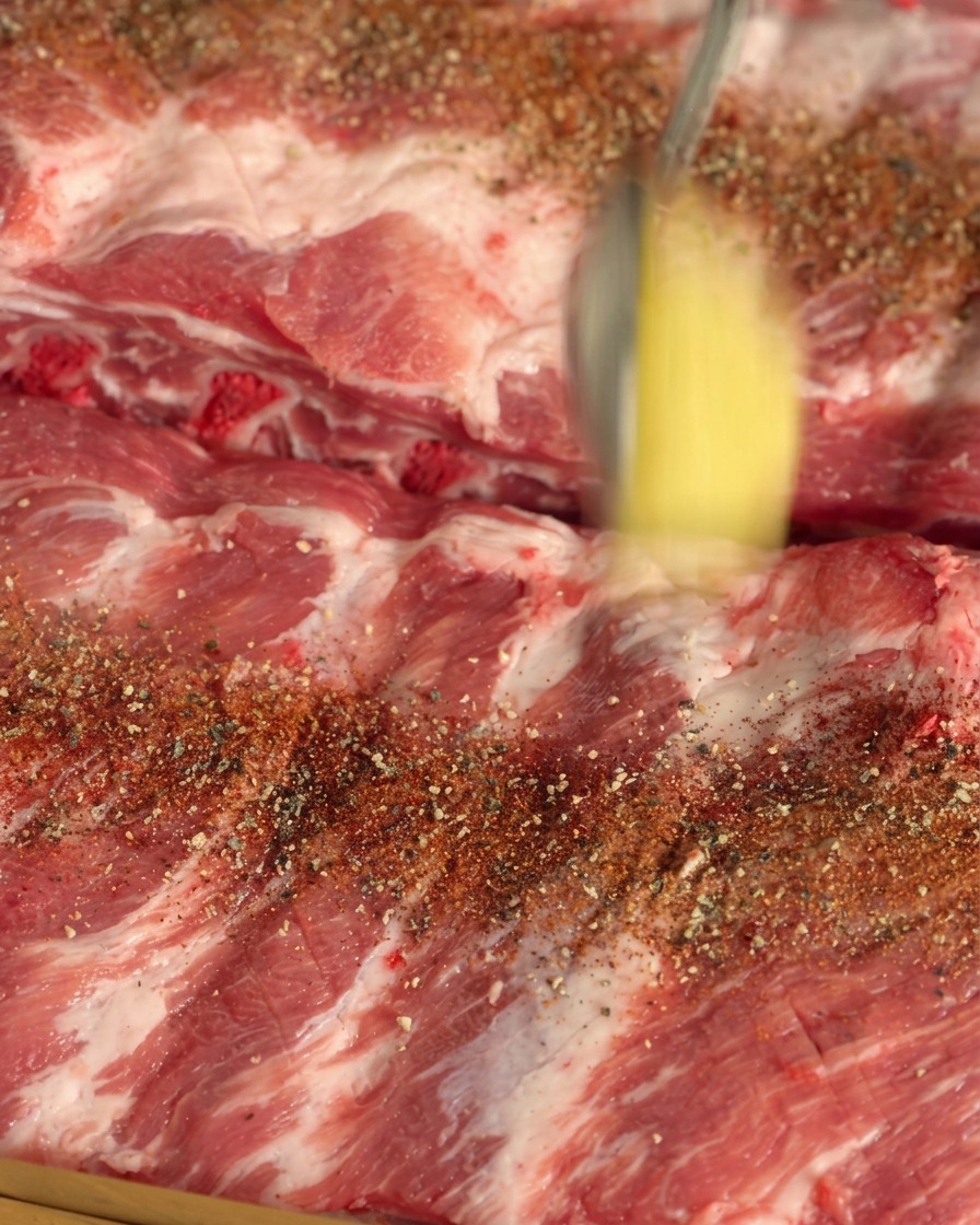 A spoon adding a large dollop of minced garlic onto seasoned raw ribs.