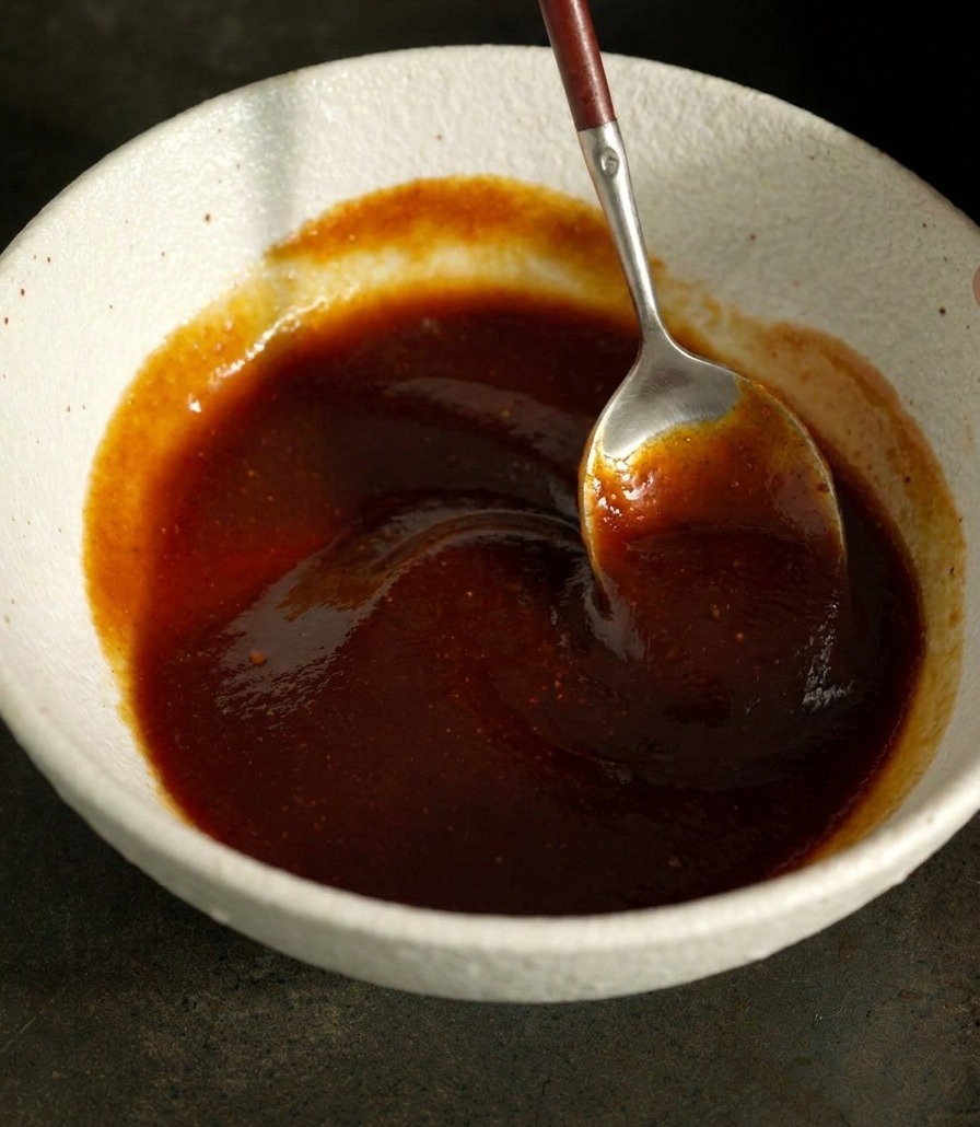 A silver spoon stirring a thick dark reddish brown barbecue glaze in a white bowl until the texture is smooth and uniform.