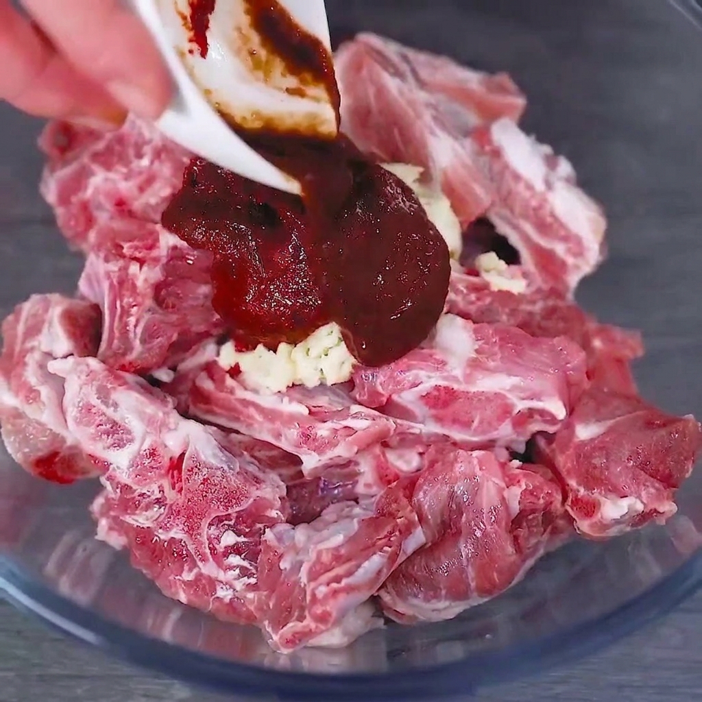 A glass bowl filled with raw pork ribs topped with a scoop of thick red chili sauce and freshly minced garlic.