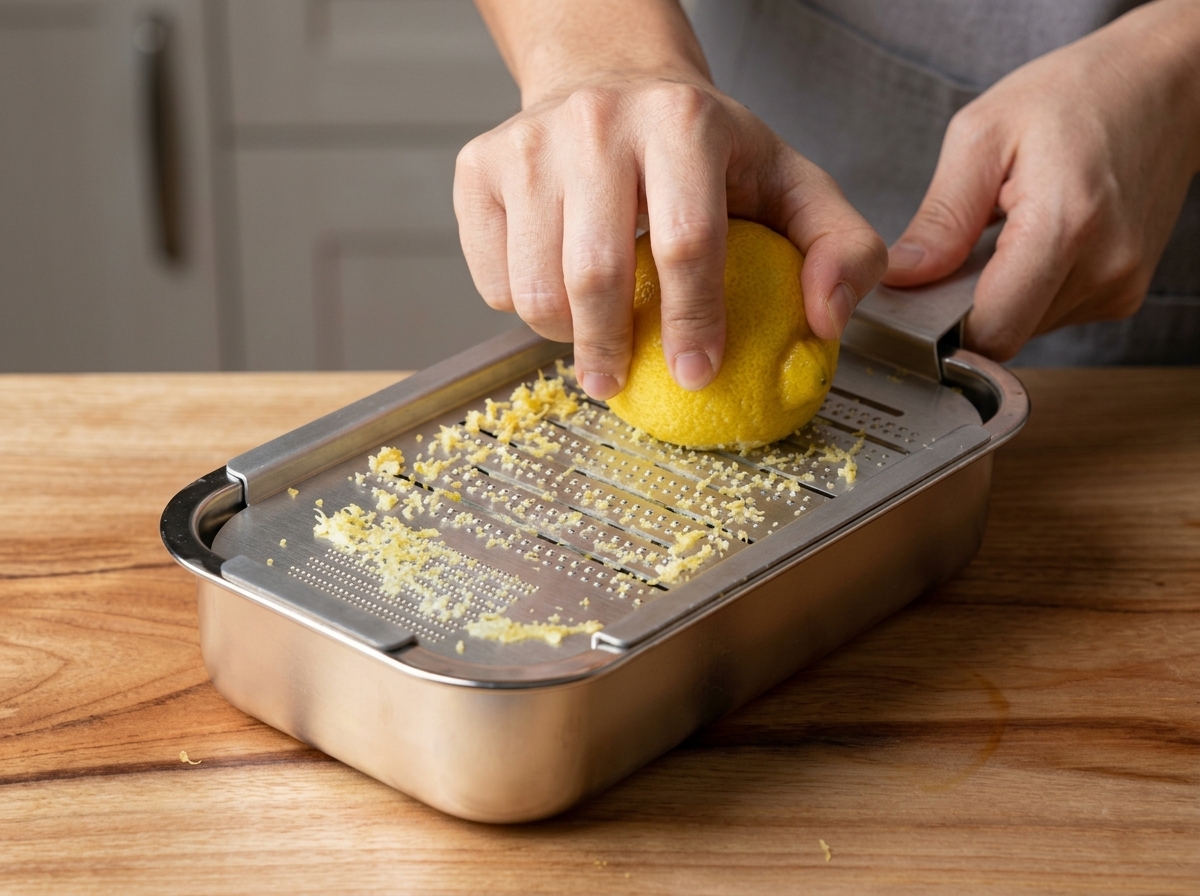 Fresh lemon being grated into fine zest on a stainless steel surface.
