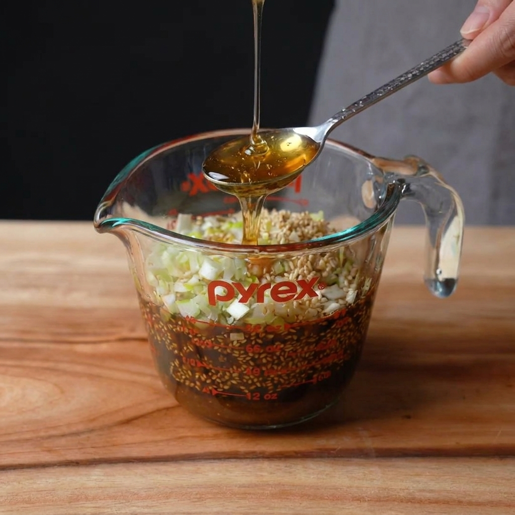 Soy sauce, chopped green onions, and garlic in a glass cup being prepared for the marinade.