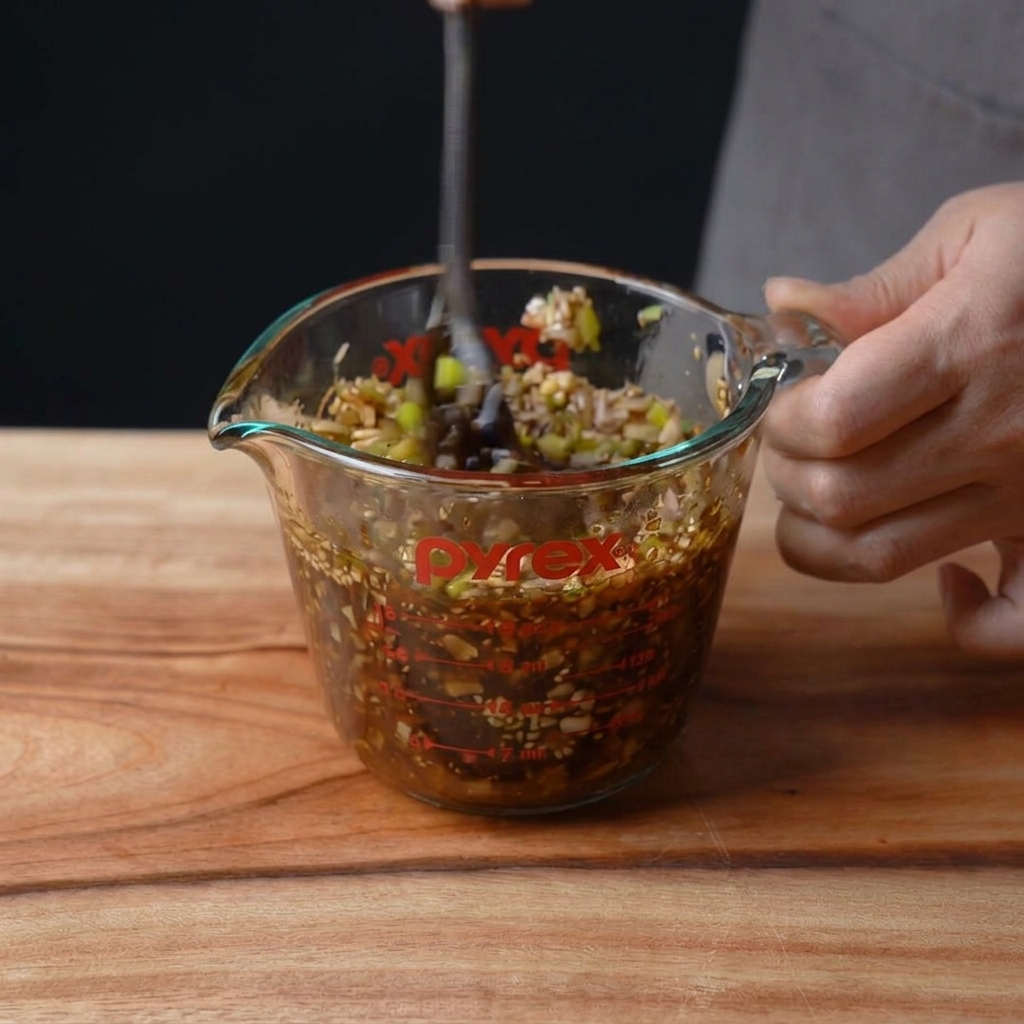 The dark marinade mixture being stirred with a spoon in a glass measuring cup.
