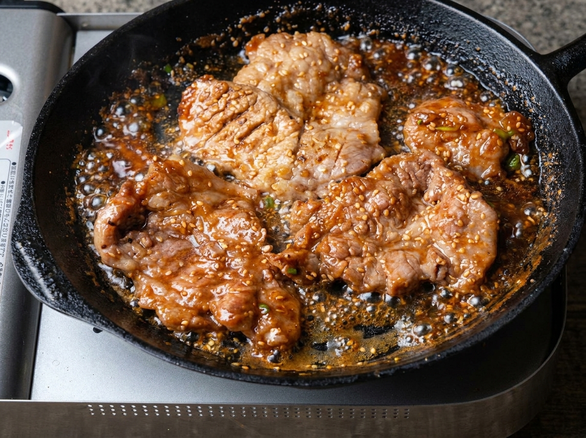 Several pieces of pork cooking in a skillet, being cut into smaller portions with metal kitchen scissors.
