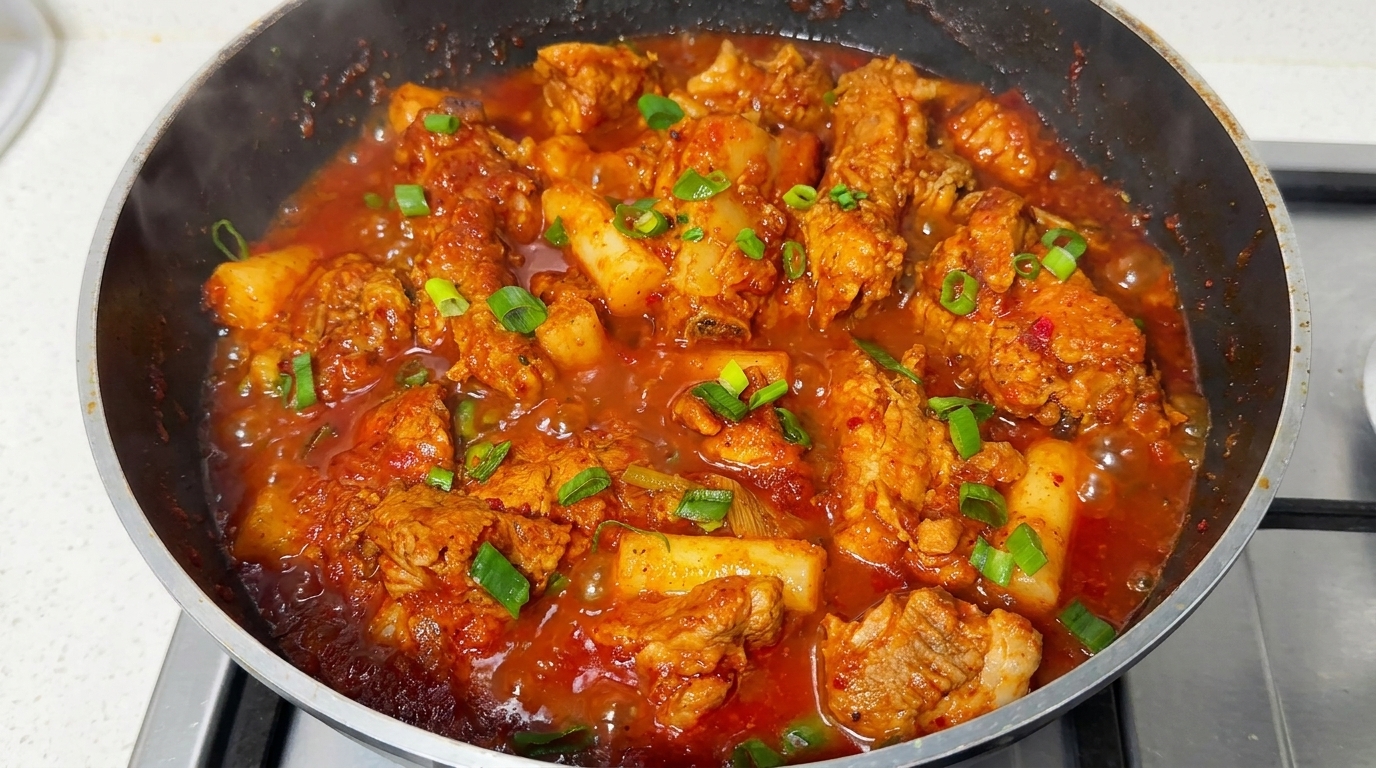 Korean Spicy Pork Ribs with Rice Cakes (Maeun Dwaejigalbi-jjim)