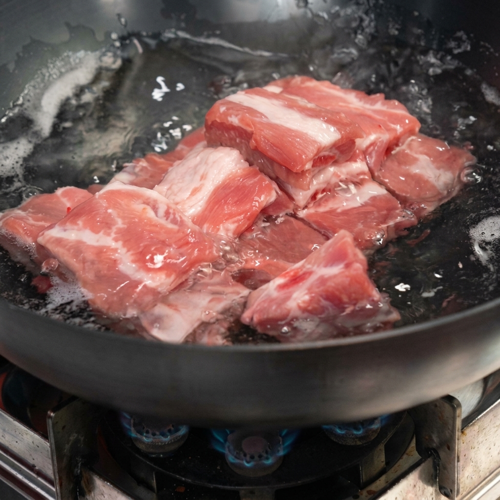 Raw pork ribs submerged in a wok of water beginning to boil.