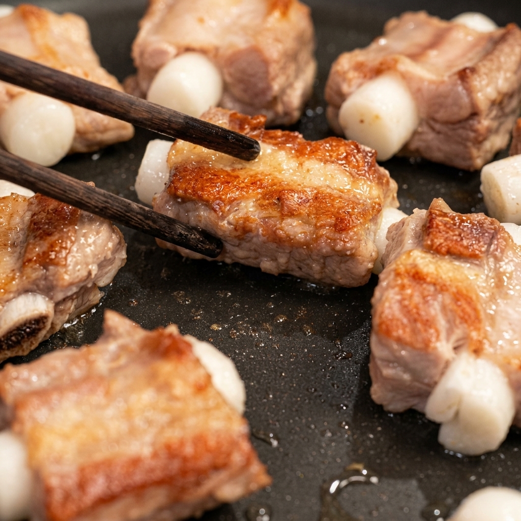 Chopsticks flipping a piece of pork rib stuffed with a white rice cake in a hot skillet, showing a golden-brown seared crust.