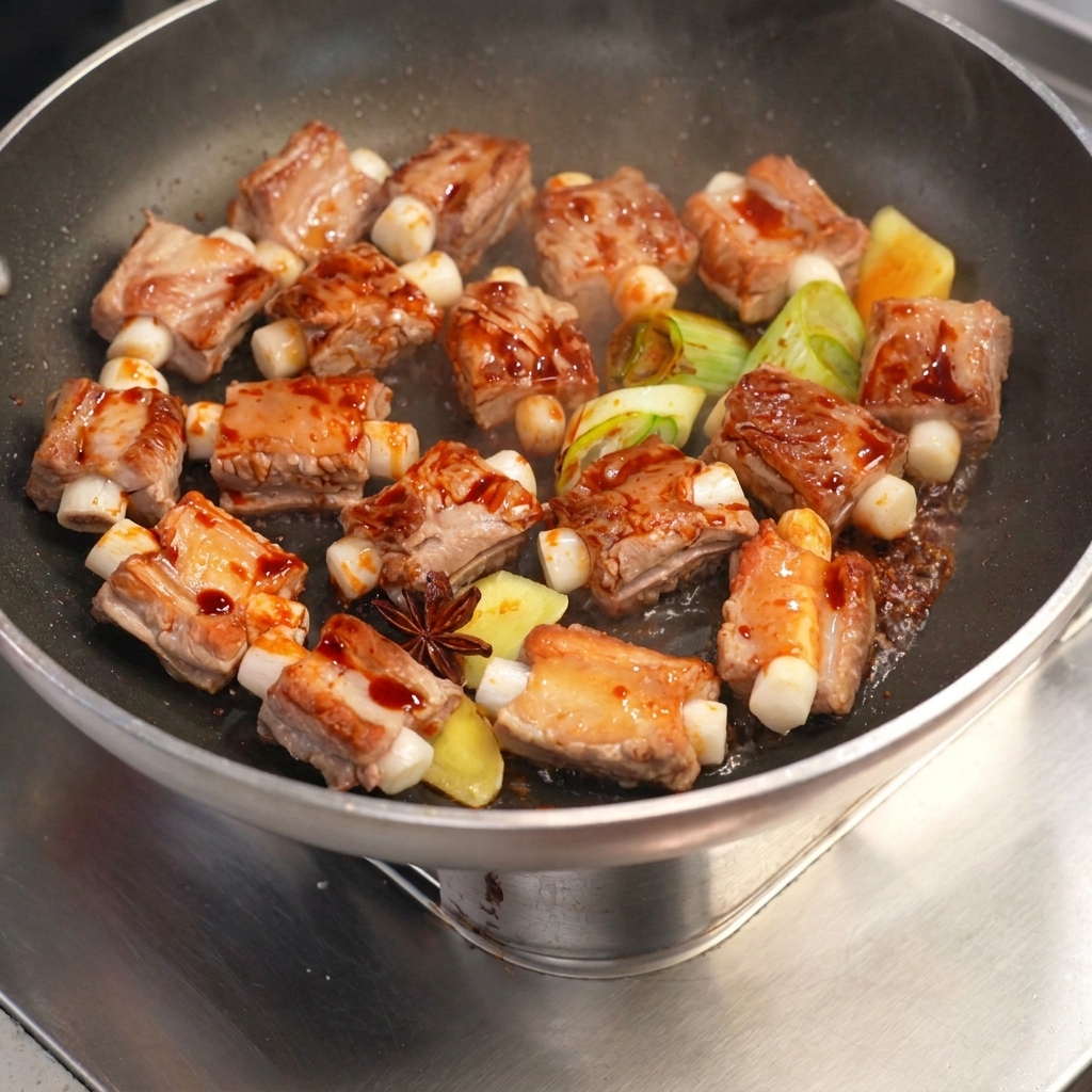 Stuffed pork ribs simmering in a dark, rich sauce in a wok with fresh aromatics.