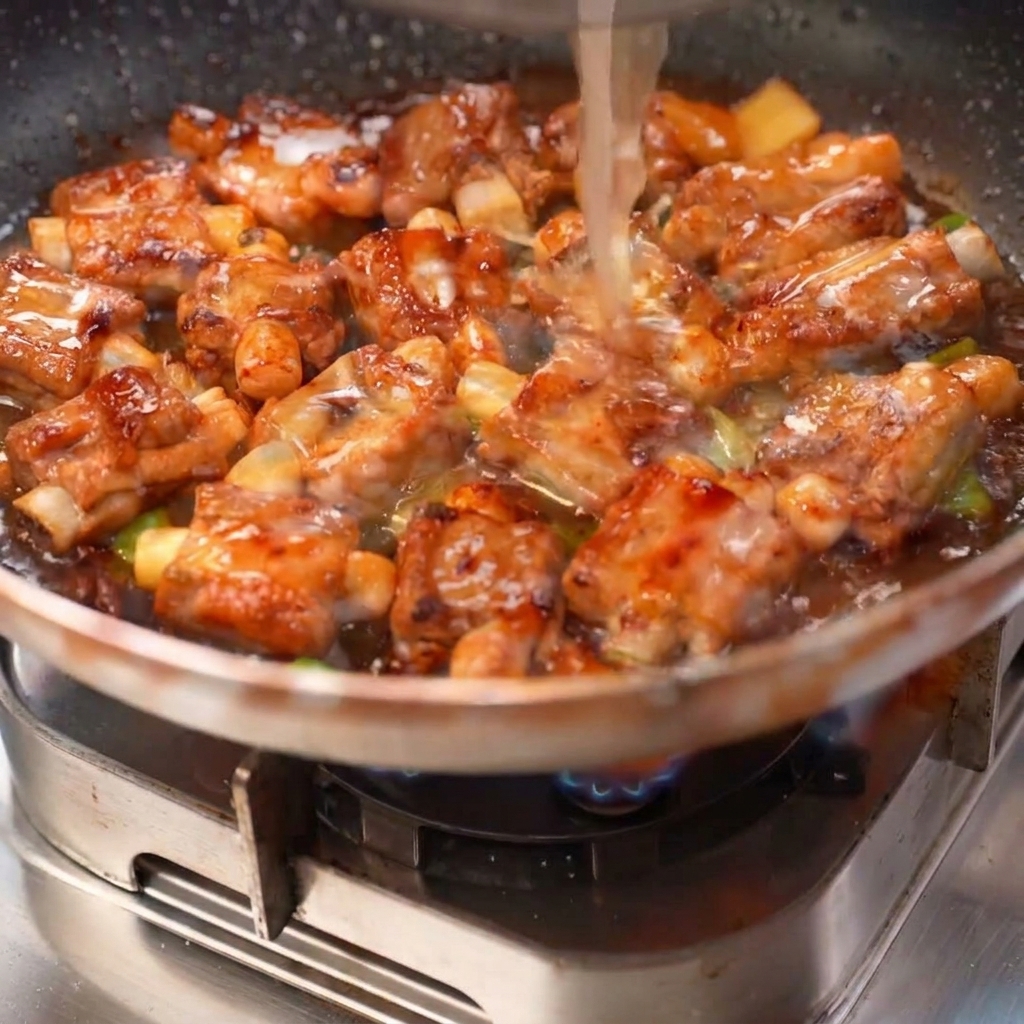 Rib broth being poured into a pan over seared pork ribs, with aromatics and rock sugar simmering in the sauce.