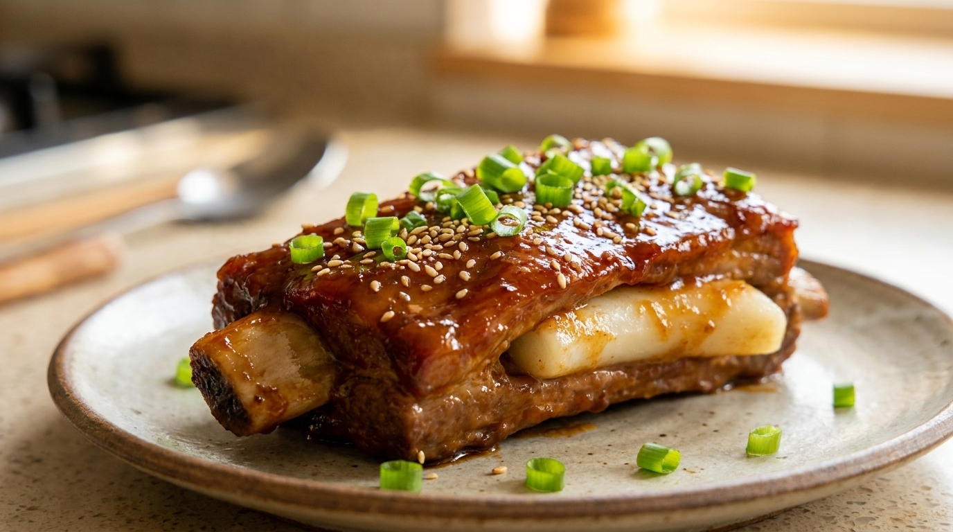 A glistening braised pork rib stuffed with a chewy rice cake, garnished with fresh scallions and toasted sesame seeds.